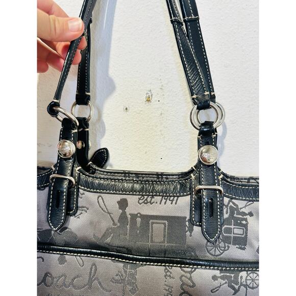 COACH Grey Black Stage Coach Horse Printed Fabric Y2K Leather Tote Handbag - Picture 10 of 15